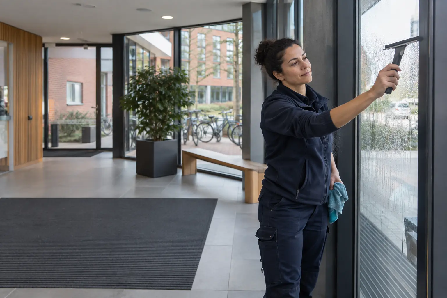Schoonmaakmedewerker reinigt de glazen entree van een Nederlands gebouw
