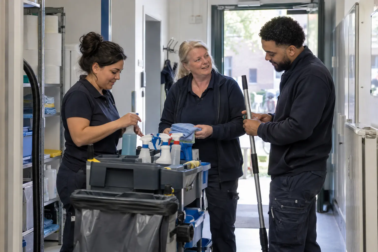 Drie schoonmaakmedewerkers bereiden samen hun werk voor